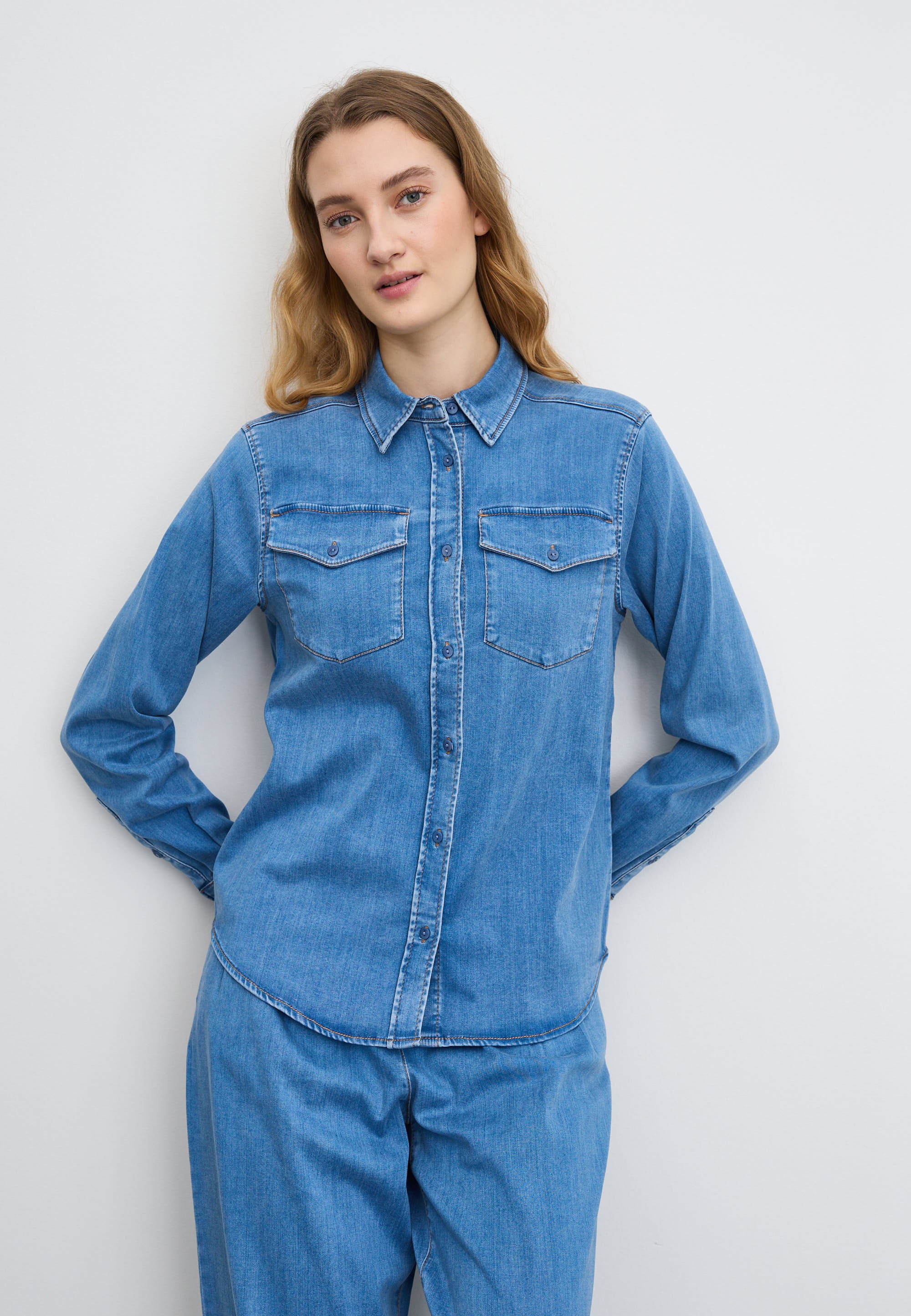 LAURIE Vitta Denim Shirt - Long Sleeve Shirts 44399 Washed Blue Denim